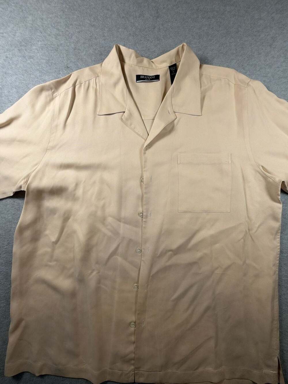 Brandini Men's Beige 100% Silk Short Sleeve Camp Collar Button-Down Shirt, Sz XL